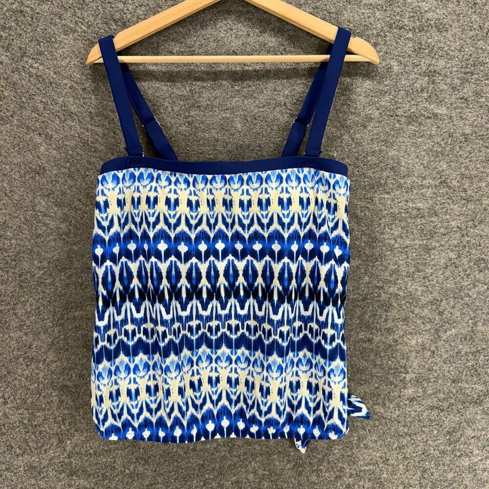 Maxine Tankini Top Women 12 Blue Geometric Sleeveless Wide Strap Lined Nylon